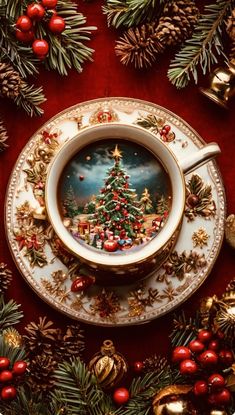 a cup and saucer with a christmas tree on it surrounded by pine cones, holly branches and other holiday decorations