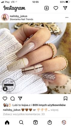 Nude Sweater Nails, Uñas Beige Elegantes, Cream Nails Designs, Fall Sweater Nails, Ongles Beiges, Matte Pink Nails, Plaid Nails, Stylish Nails Designs