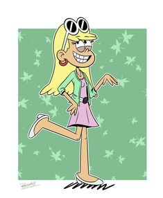 a cartoon girl wearing sunglasses and a pink dress is running with stars in the background