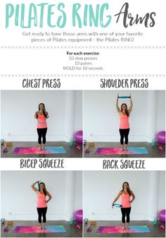 the pilates ring arms workout is shown in four different poses, with instructions to do