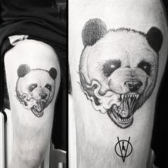 two black and white tattoos on the legs of people with panda bears in their mouths