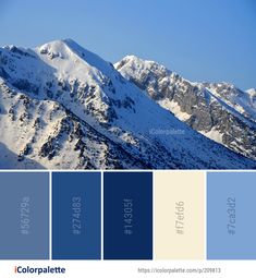 the mountains are covered with snow and blue hues in this color palette for interior design