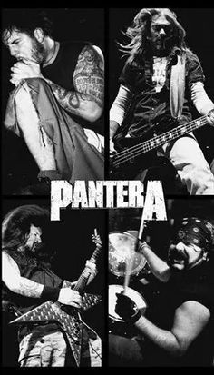 the band pantera is featured in four different black and white photos, including one man with