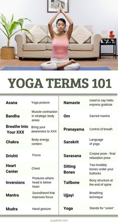 a woman doing yoga in front of a couch with the words yoga terms 101 on it