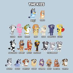 an image of cartoon characters with the names of each character in their own language and colors