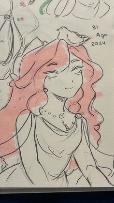 a drawing of a woman with red hair and an animal on her shoulder, next to other drawings