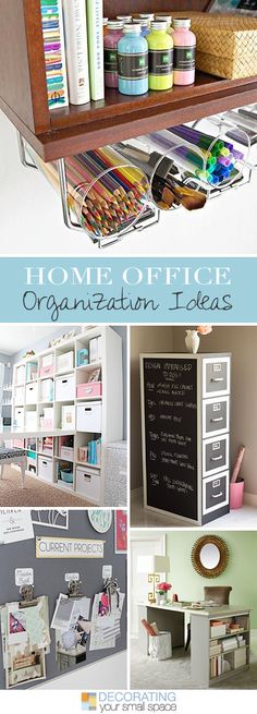 an organized home office with lots of crafting supplies on the shelves and below it