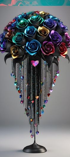 a multicolored bouquet of roses on a black stand with hearts and beads hanging from it