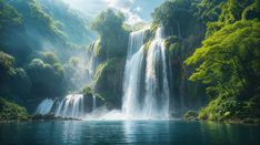 a large waterfall in the middle of a forest filled with trees and water surrounded by lush green foliage