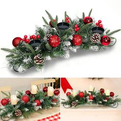 christmas decorations with candles and pine cones on the top, in different stages of being decorated