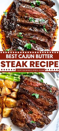 steak and potatoes on a white plate with the words best cajun butter steak recipe