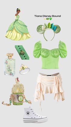 the princess and the frog costume is shown with shoes, bracelets, headband