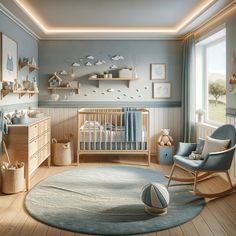 a baby's room with blue walls and wooden floors