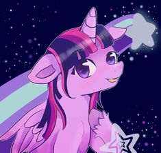 the pink pony is holding a star in her hand and looking up at the sky