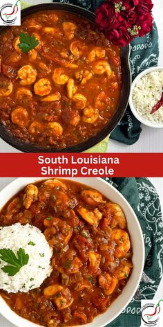 Freshly made shrimp Creole in a vintage green Le Creuset enameled cast iron skillet on top, and the Creole served with rice in a round white bowl on the bottom. Creole Recipes Louisiana, Cajun Comfort Food, Louisiana Shrimp, Creole Shrimp Recipes, Seasoned Shrimp, Shrimp Creole, Cajun Dishes, Cajun Creole Recipes