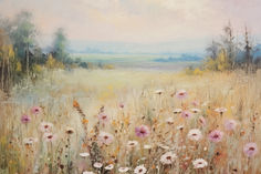 an oil painting of flowers in a field