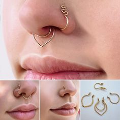 three pictures of different types of nose piercings and the same one with an earring