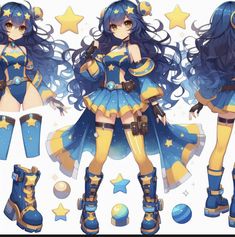 an anime character with long dark hair and blue outfit, boots, and stars on her body