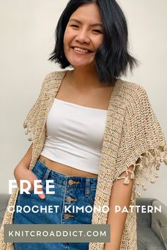 Learn to crochet an easy kimono with this step -by-step video tutorial and written instructions. The pattern includes women's sizes XS-XXL. Summer Cardigan Crochet Pattern Free, Crochet Kimono Pattern Free, Summer Sweater Crochet, Crochet Kimono Pattern, Crochet Kimono Cardigan, Easy Crochet Cardigan, Kimono Crochet, Vest Patterns, Crochet Workshop