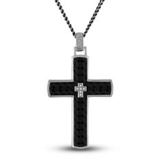 Vibrant Cuban link print fashioned in bold black sterling silver adorns a meaningful cross in this handsome men's pendant necklace. Shimmering diamond accents embellish the cross to complete the look. The 22-inch curb chain secures in place with a lobster clasp. The signature "E" is stamped on the clasp to identify each piece as part of the 1933 by Esquire men's collection. Mens Necklace Pendant, Jared The Galleria Of Jewelry, Necklace Clasps, Necklace Chain Lengths, White Necklace, Mens Pendant, Cross Pendant Necklace, Cuban Link, Bold Black