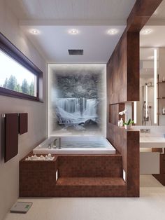 a bathroom with a tub, sink and large mirror in the wall next to it