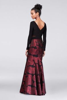 Red roses bloom on the flared brocade skirt of this jersey-bodice mermaid gown. A plunging V-neck and back and mesh cutouts at the sides add sleek touches. By Xscape Polyester, spandex Back zipper; Black Wedding Guest Dresses, Long Gown For Wedding, Cute Thanksgiving Outfits, Bhldn Dress, Formal Wear Dresses, Guest Attire, Wedding Attire Guest