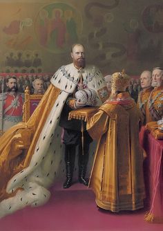 a painting of a man in uniform standing next to another man wearing a crown and gown