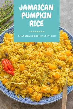 Jamaican Pumpkin Rice in a blue serving bowl. Caribbean Pumpkin Recipes, Jamaican Pumpkin Rice, Jamaican Seasoned Rice, Jamaican Pumpkin Soup, Jamaican Vegan Recipes, Jamaican Sides, Jamaican Rice, Pumpkin Rice