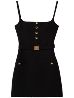 Find MIU MIU Belted Wool Minidress on Editorialist. black wool spaghetti straps square neck decorative button detailing belted waist logo-buckle detail two front welt pockets rear zip fastening straight hem thigh-length gold-tone hardware Miu Miu Dress Haute Couture, Mafia Clothes, Miumiu Dress, Old Money Look, Fashion Mini Dress, Miu Miu Dress, Chanel Loafers, Fashion Trend Board, 2020s Fashion