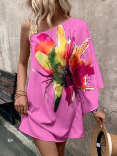 Women's Floral Print Asymmetric Neck Batwing Sleeve Loose Casual Midi Dress Multicolor Boho  Sleeveless Woven Fabric Floral,Plants,All Over Print Tunic Non-Stretch  Women Clothing, size features are:Bust: ,Length: ,Sleeve Length: Pink One-shoulder Midi Dress For Summer, Pink Summer Dress With Asymmetrical Neckline, Spring Floral Print Sleeveless Asymmetrical Dress, Spring Asymmetrical Sleeveless Dress With Floral Print, Sleeveless Asymmetrical Floral Dress For Spring, Summer One-shoulder Asymmetrical Beach Dress, Chic Pink One Shoulder Summer Dress, Chic Pink One Shoulder Dress For Summer, Spring A-line Asymmetrical Dress