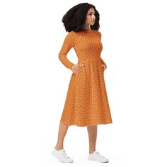 This long sleeve midi dress has a comfy yet flattering silhouette since it's fitted on the waist and has a flared bottom part. Plus, pockets! Style it for a fancy night out or dress down for a more casual look!  D E T A I L S - 95% polyester, 5% elastane (fabric composition may vary by 1%) - Fabric weight: 6.19 oz/yd2 (210 g/m2) (weight may vary by 5%) - Premium knit mid-weight jersey fabric - Midi length - Long sleeves - Side pockets - Boat neckline - Fitted on the waist - Flared bottom Model i Autumn Dress, Boat Neckline, Long Sleeve Midi, Long Sleeve Midi Dress, Fall Outfits Women, Dressed Down, Burnt Orange, Fall Dresses, Womens Fall