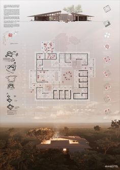 an architectural diagram showing the various parts of a house and its surrounding area, including trees