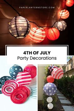 the fourth of july party decorations with red, white and blue paper lanterns on them