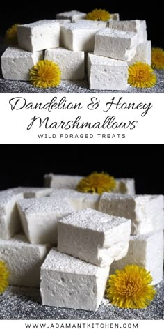 dandelion and honey marshmallows are stacked on top of each other