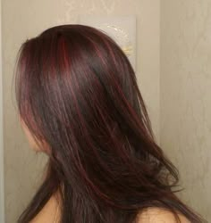 Under Hair Dye Burgundy, Long Layered Hair Brown Highlights, Black Hair With Light Red Highlights, Ted Highlights For Black Hair, Hair Dye Red Highlights, Light Brown And Red Highlights, Dark Cherry Red Hair Highlights, Red Face Framing Highlights Black Hair, Dyed Hair Red Highlights