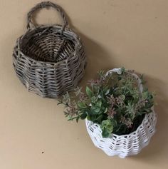 two wicker baskets hanging on the wall next to each other with plants in them