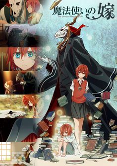 an anime character with red hair and blue eyes standing in front of a pile of books