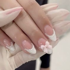 Aesthetic Bow, Bow Nails, Cute Simple Nails, Girly Acrylic Nails, Blush Nails, Pretty Gel Nails, Really Cute Nails, Soft Nails, Kawaii Nails