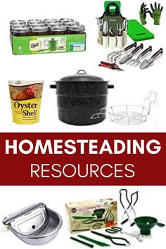 there are many cooking tools and utensils on this page with the words homesteading resources