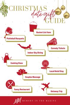 Christmas date gift guide ideas: bucket list item, pickleball racquets, indoor skydiving, comedy tickets, cooking class, local hotel stay, couples massage, fancy restaurant date night, getaway trip Gift Ideas For Families, Experience Gift Ideas, Easy Gift Ideas, Gift Experiences, Romantic Weekend Getaways, Christmas Guide, Enjoy Time, Romantic Weekend, Hotel Stay