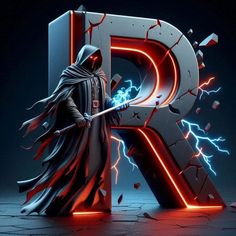 a darth vader character standing in front of the letter d with lightning coming out of it