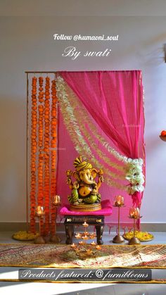 Back Drop Ideas For Ganpati, Minimalist Ganpati Decoration, Ganapathi Pooja Decoration, Dadi Mangal Path Decoration At Home, Puja Backdrop Decor Diy, Swarasati Puja Decoration, Ganpatiji Decoration At Home, Ganesh Chaturthi Background Decoration, Ganesh Ji Home Decoration