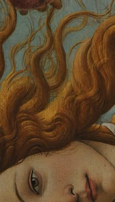 a close up of a painting of a woman's head with hair blowing in the wind