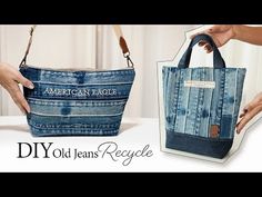 an american eagle denim tote bag is shown with the words diy old jeans recycle