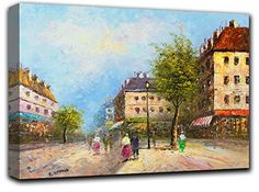 an oil painting on canvas of people walking down the street in front of some buildings