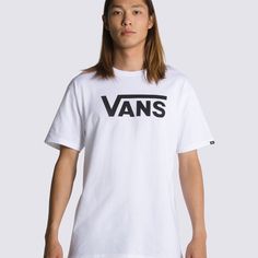 The Vans Classic T-Shirt creates the ideal casual fit with its breathable material and Vans logo on the front.100% Cotton fabricShort sleeveModel wearing size Medium | Vans Classic T-Shirt Men's Small Cotton Logo T-shirt With Short Sleeves, Cotton Short Sleeve T-shirt With Logo, Casual Streetwear T-shirt With Front Logo, Basic Cotton T-shirt With Logo, Front Logo Top For Summer Streetwear, Relaxed Fit Streetwear Tops With Front Logo, Summer Streetwear Top With Front Logo, Relaxed Fit Tops With Front Logo For Streetwear, White Cotton Vans T-shirt