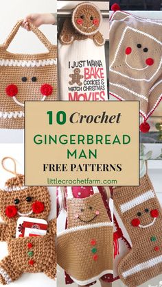 crochet gingerbread man christmas stocking patterns with text overlay that reads, 10 crochet gingerbread man free patterns