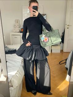 All Black Orchestra Outfit, Skirt Layered Over Pants, Layering Turtleneck Outfit, Alt Formal Outfits, Skirt And Pants Combo, Dress With Pants Underneath, Skirt Over Pants, Slip Dress Layering, Total Black Outfit