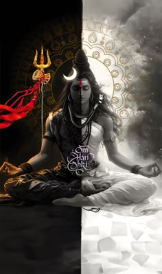 a woman sitting in the middle of a white and black background with an image of a demon