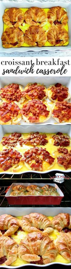 the steps to make croissant breakfast sandwiches with cheese and bacon on them are shown